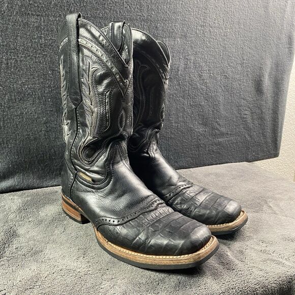 TEXAS COUNTRY Square Toe Cowboy Western Boots Black Exotic Print Mens Size 9.5 - Picture 1 of 12